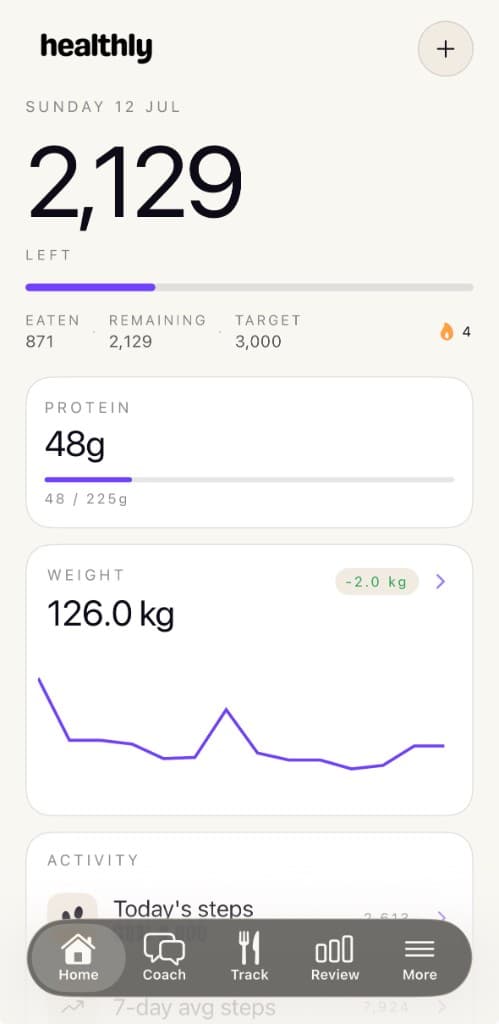 Healthly home screen in light mode showing remaining calories and daily progress