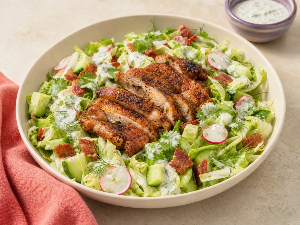 A smoky chicken thigh crunch salad.