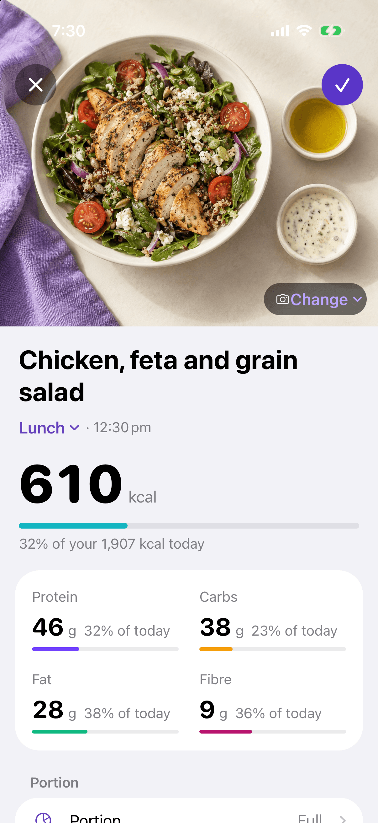 A logged chicken, feta and grain salad: 610 kcal, 46 g protein, 38 g carbs, 28 g fat and 9 g fibre.