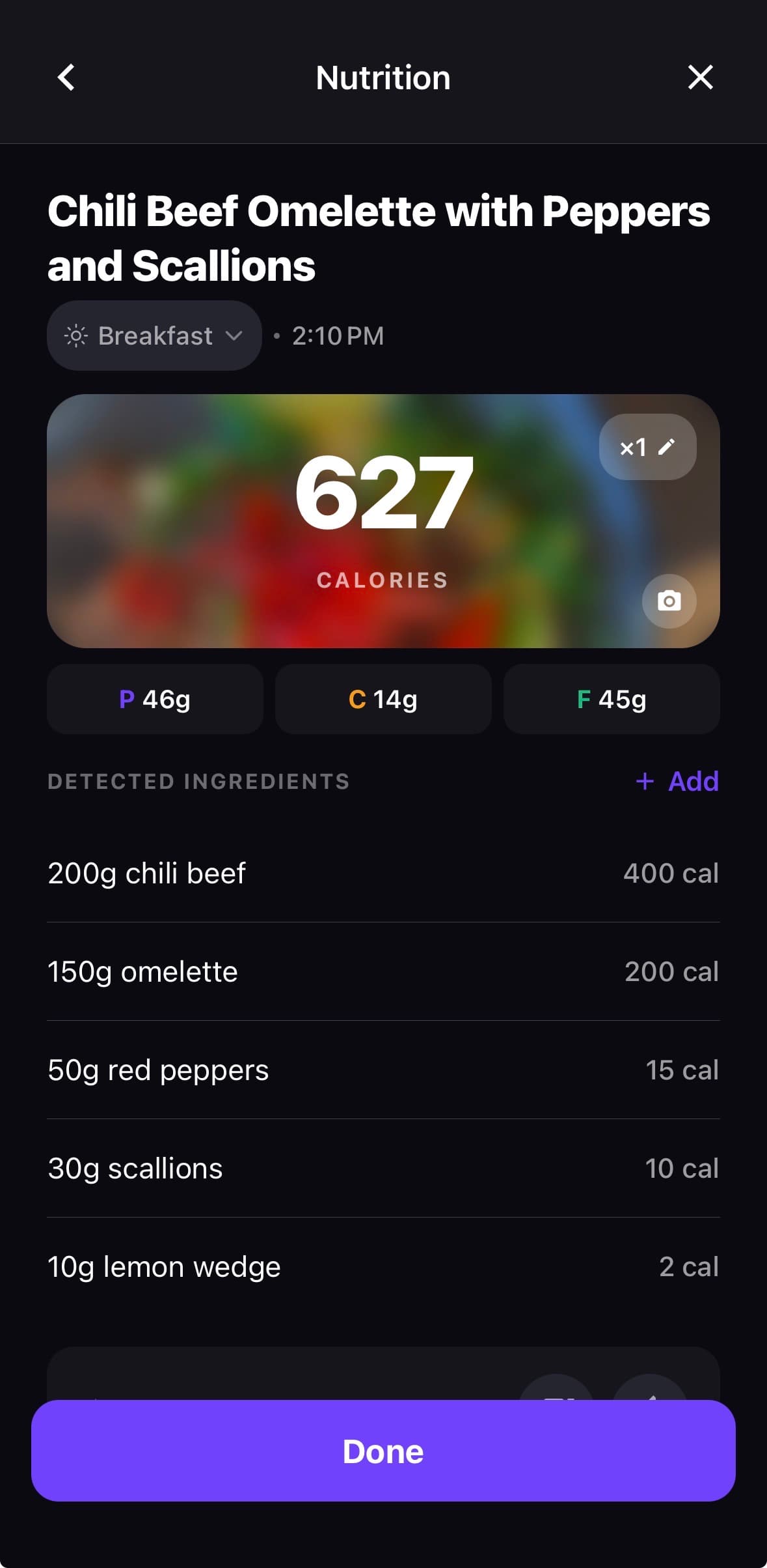 Healthly meal review for a chilli beef omelette, showing calories, macros and editable detected ingredients