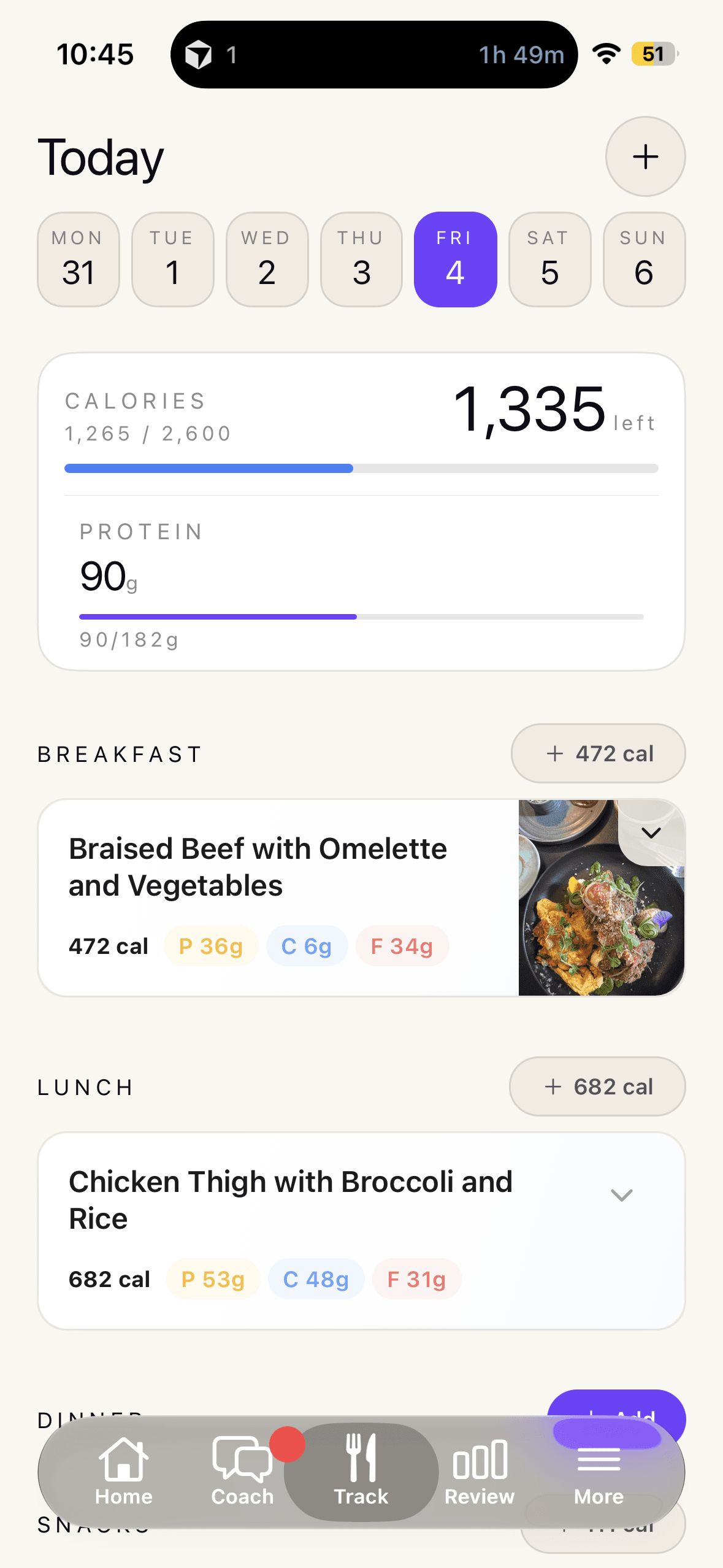 Healthly Today screen showing a weekly calendar, calorie and protein progress, and logged meals