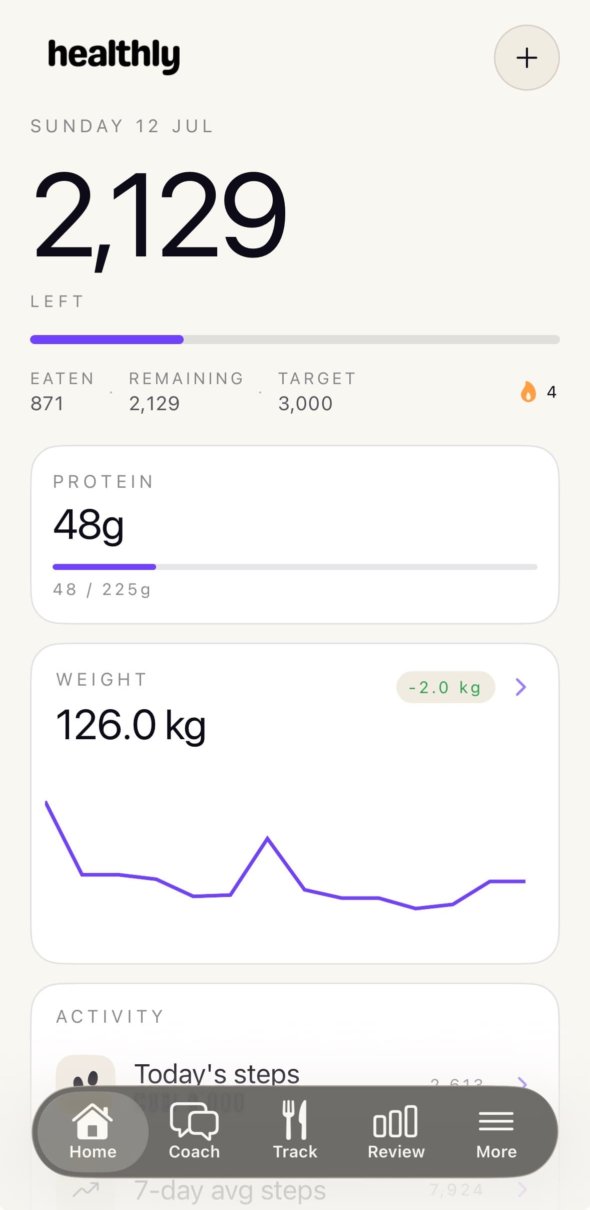 Healthly home screen showing daily calories, protein, weight progress and activity in one dashboard