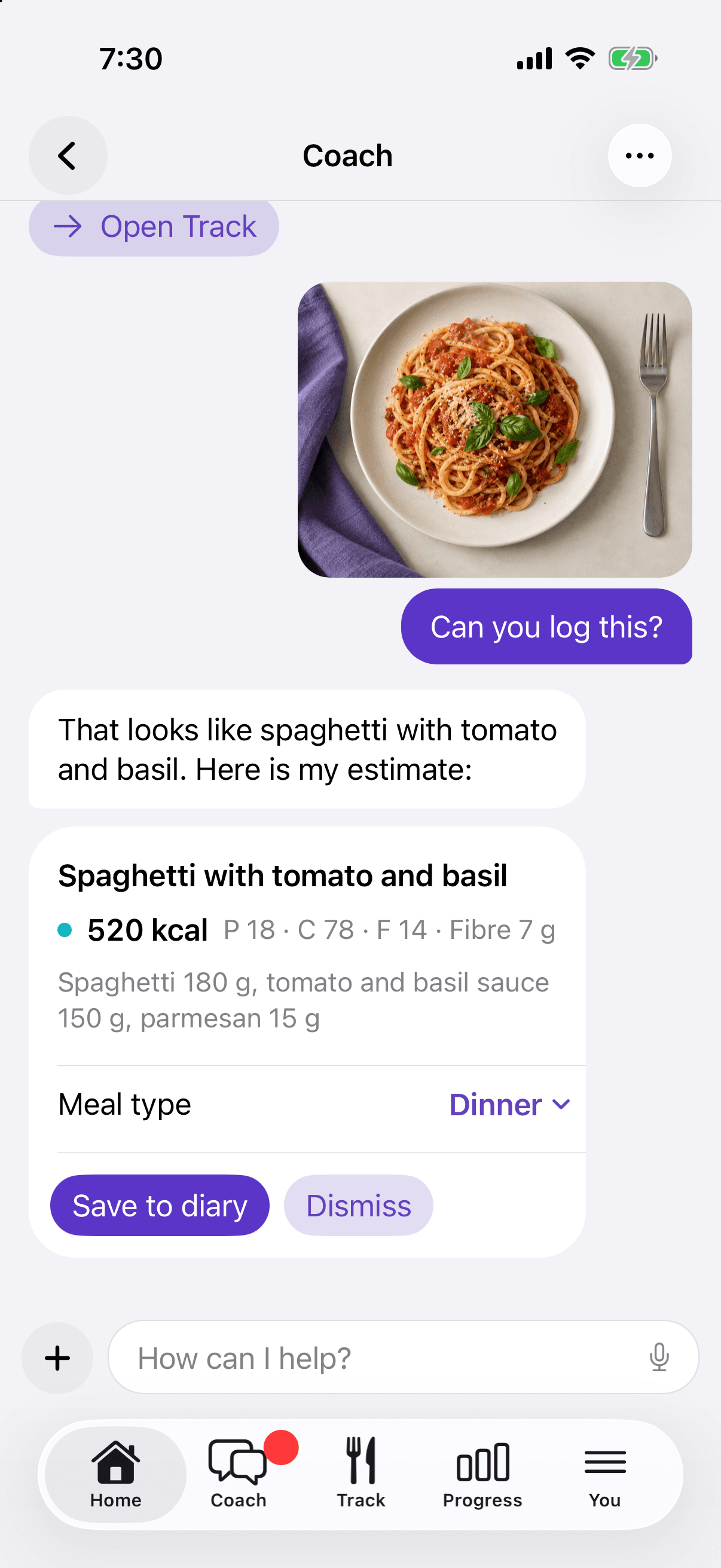 Healthly Coach chat: a photo of spaghetti, the question "Can you log this?", and an estimate of 520 kcal with a Save to diary button.