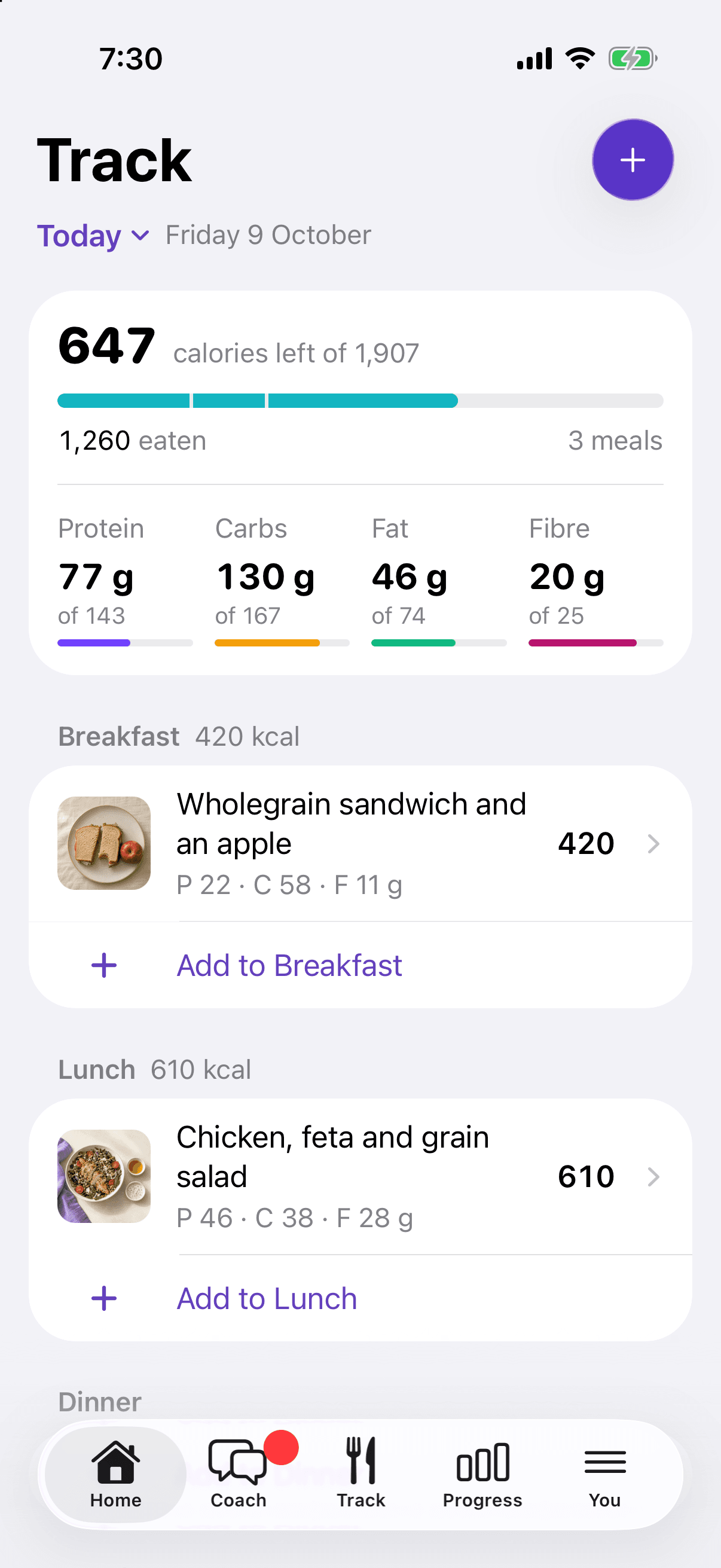 Healthly Track screen with breakfast and lunch logged: a wholegrain sandwich and an apple at 420 kcal, and the chicken, feta and grain salad at 610 kcal.