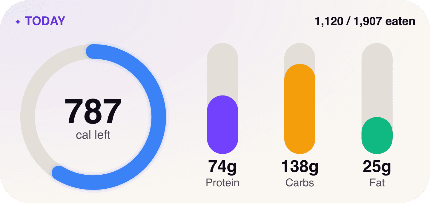 The Healthly Today widget: 787 calories left, with protein, carbs and fat bars.