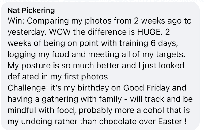 Nat shares progress after two weeks of training, logging food and meeting her targets.